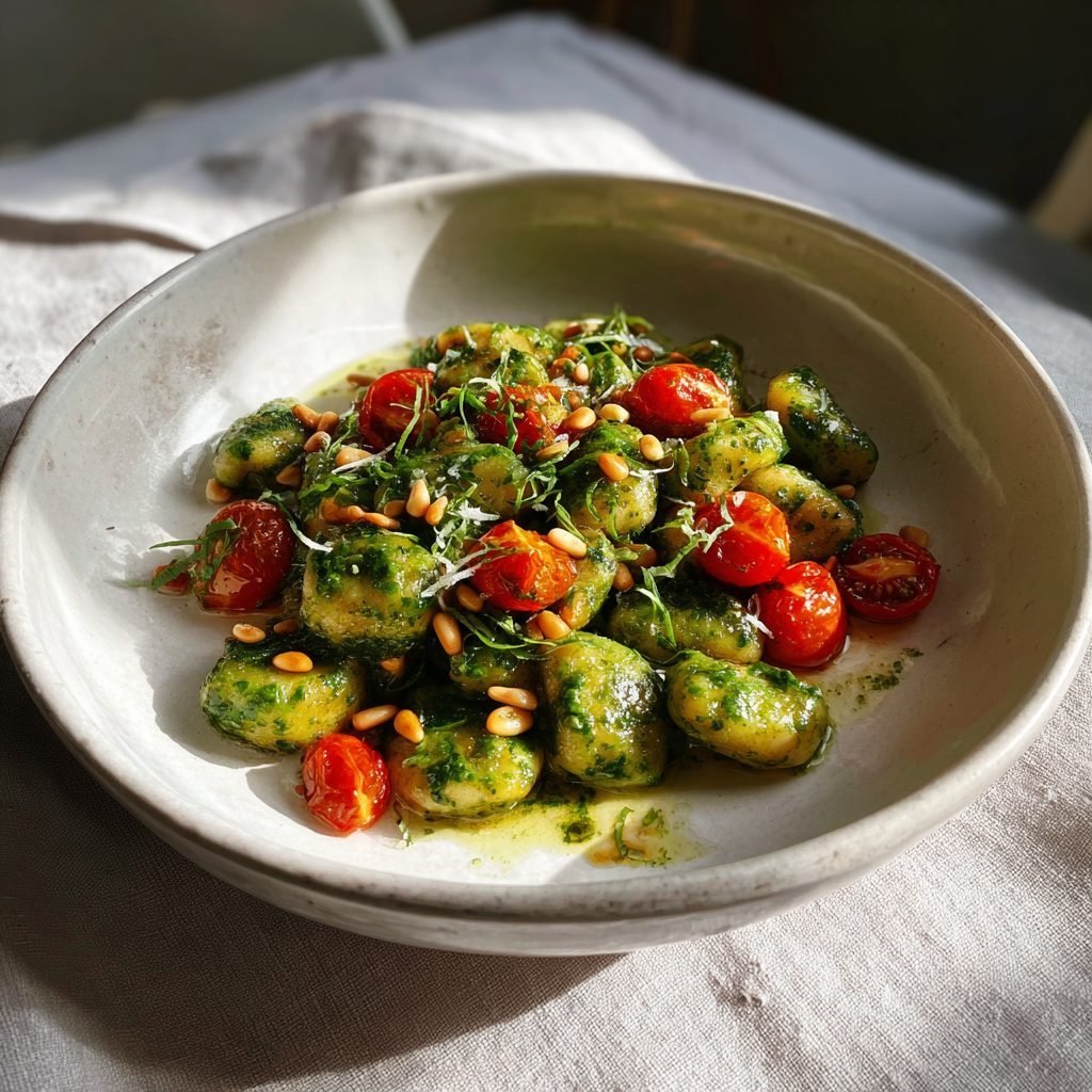 Hausgemachte Bärlauch-Gnocchi mit brauner Butter, Kirschtomaten und Pinienkernen