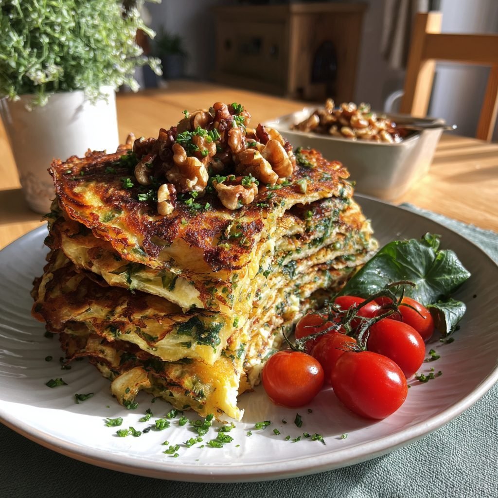 Herzhafter Bärlauch-Pfannkuchen-Turm mit Frischkäsefüllung und gerösteten Walnüssen