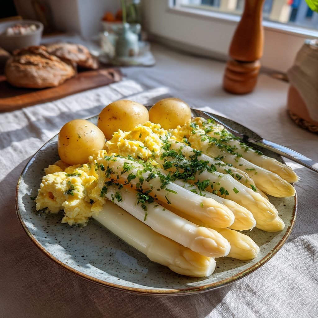 Klassischer Weißer Spargel mit Salzkartoffeln, zerlassener Butter und Petersilien-Rührei