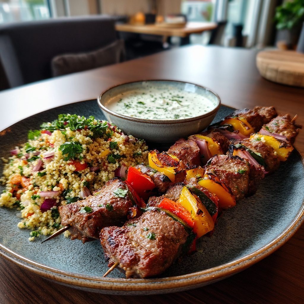 Lamm-Kebab mit Minz-Joghurt-Dip und Couscous-Salat