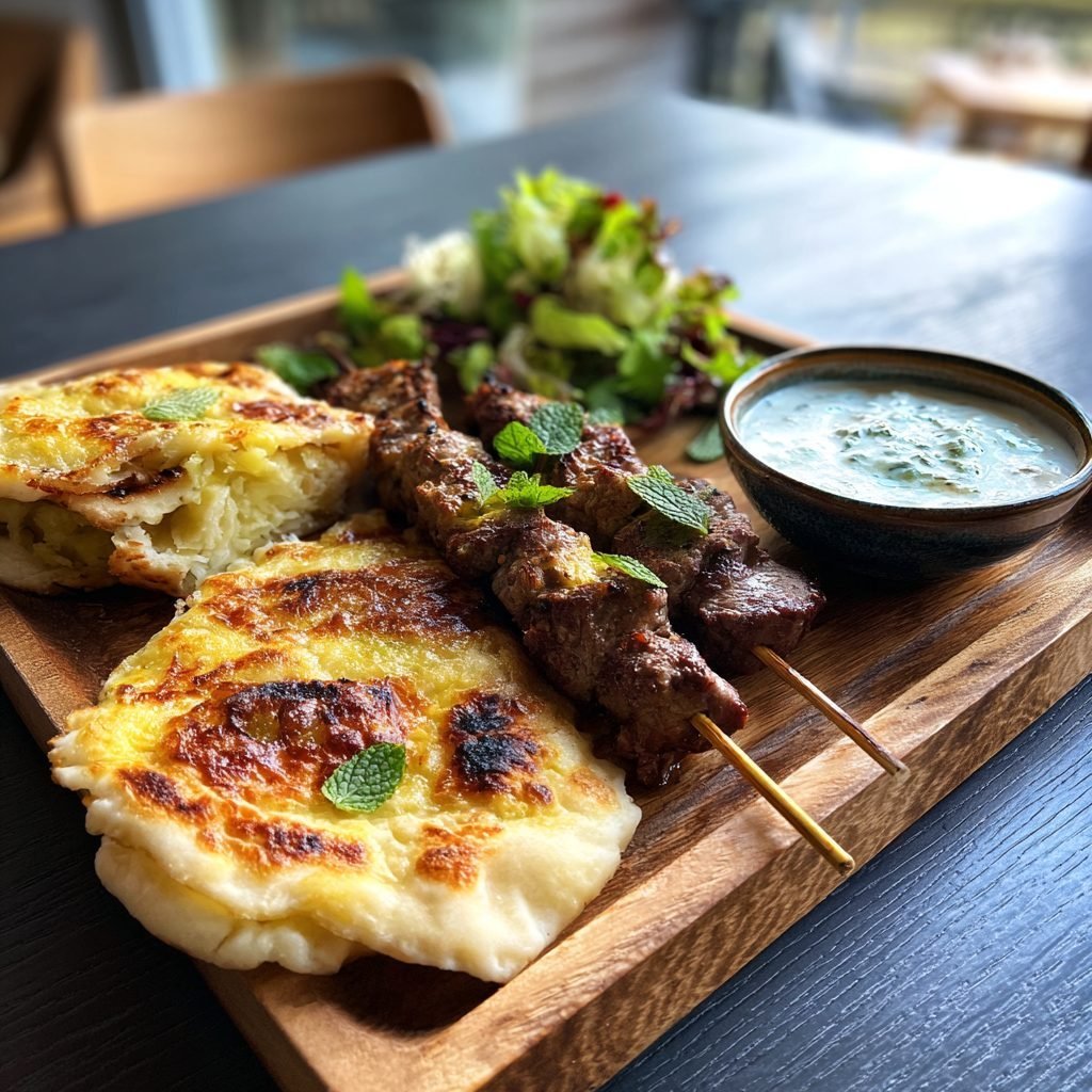 Lamm-Kebab vom Blech mit Gemüse und Minz-Joghurt-Dip
