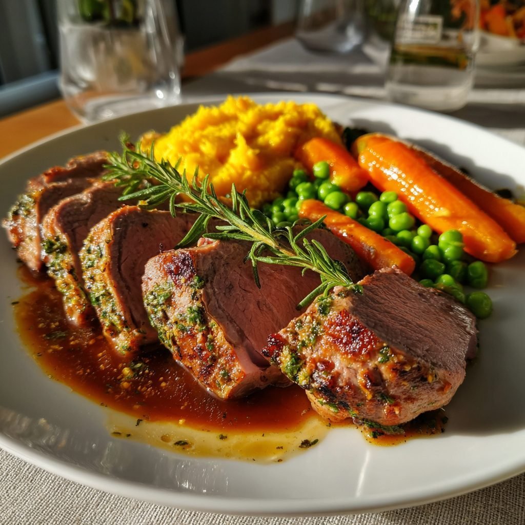 Lammfilet mit Kräuterkruste, glasierten Möhren und Erbsenpüree