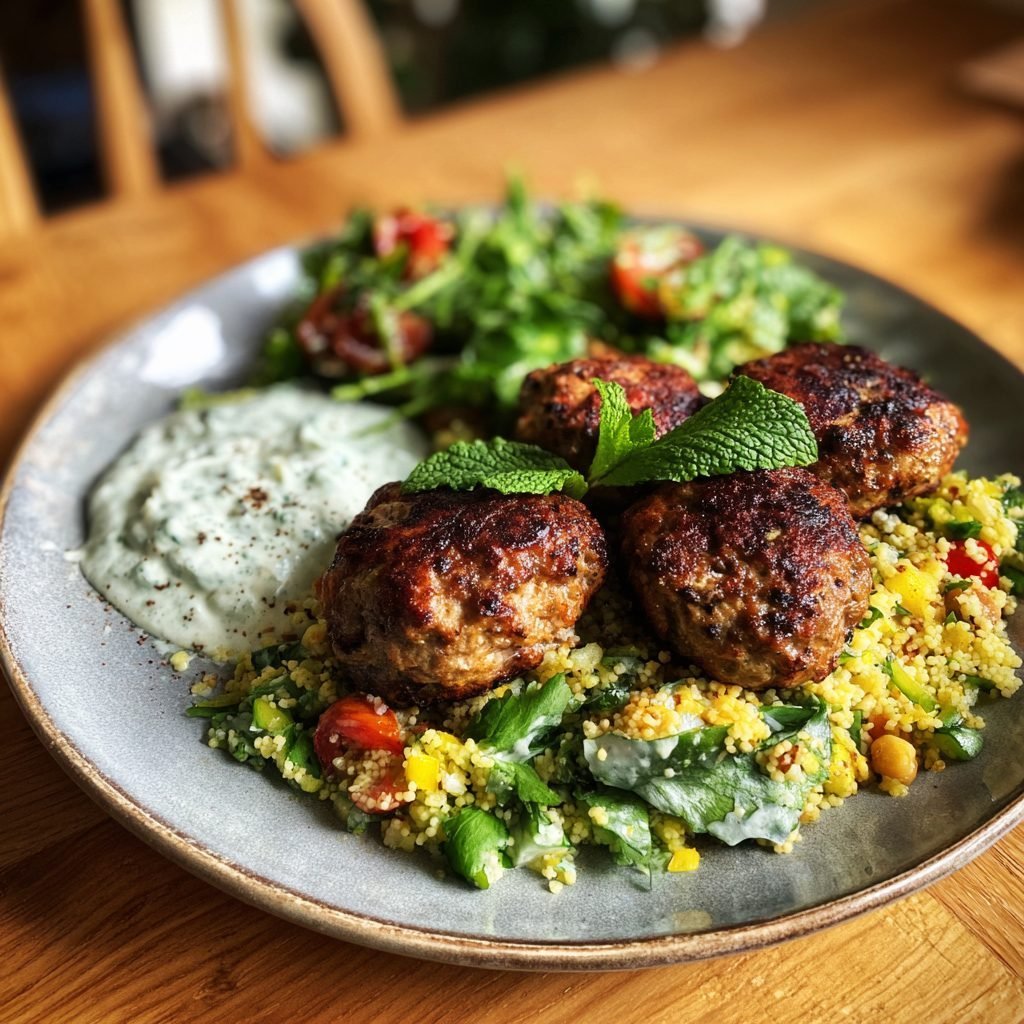 Lammfrikadellen mit Minz-Joghurt-Dip und Frühlings-Couscous