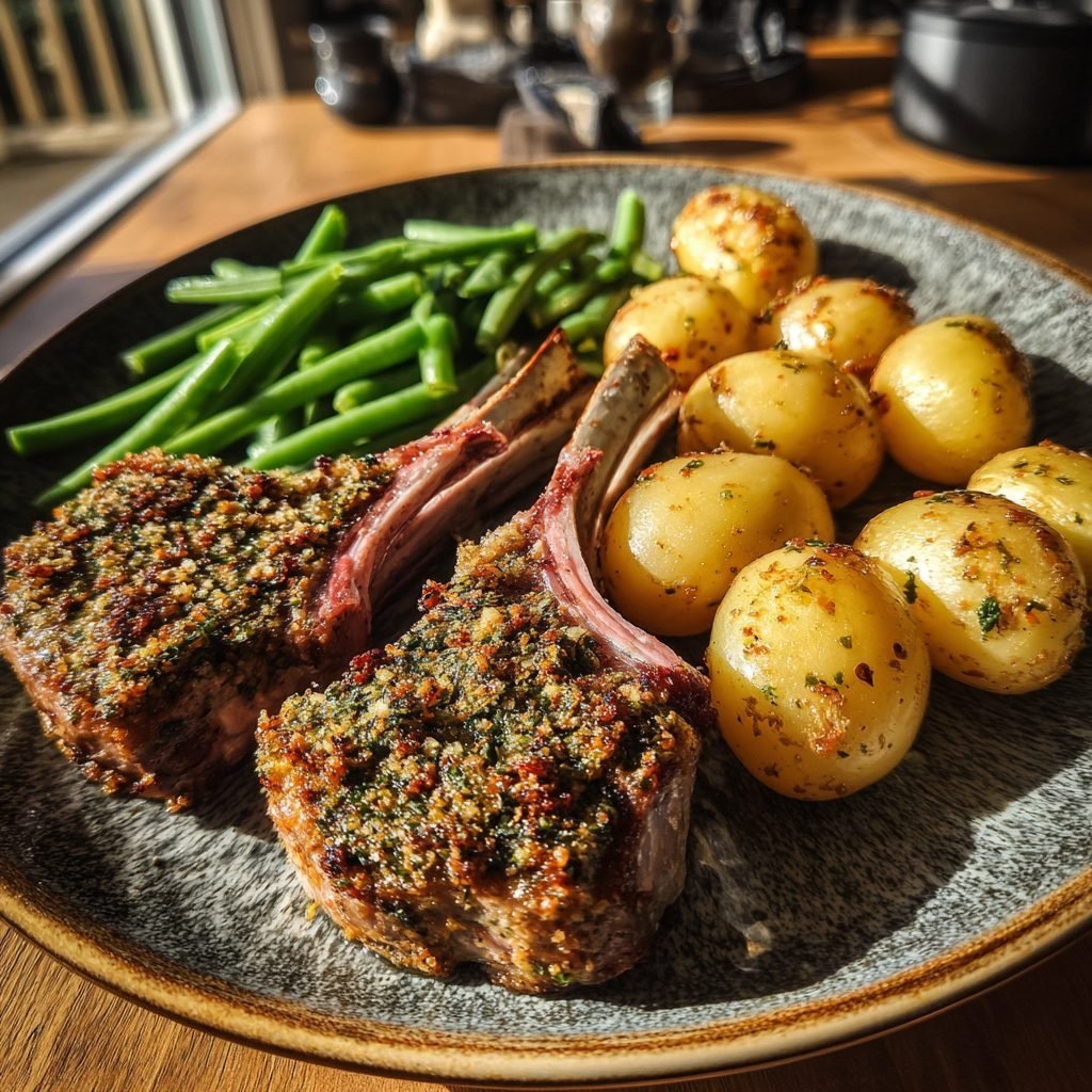 Lammkarree mit Kräuterkruste, neuen Kartoffeln und Bohnengemüse