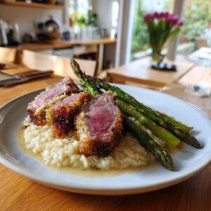Lammkarree mit Kräuterkruste und Spargelrisotto