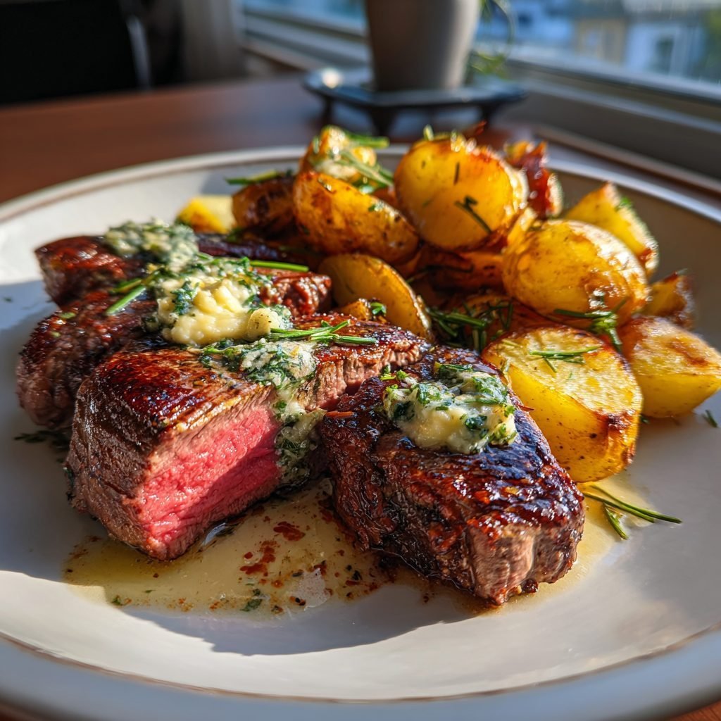 Lammkoteletts mit Bärlauch-Kräuterbutter und Rosmarinkartoffeln