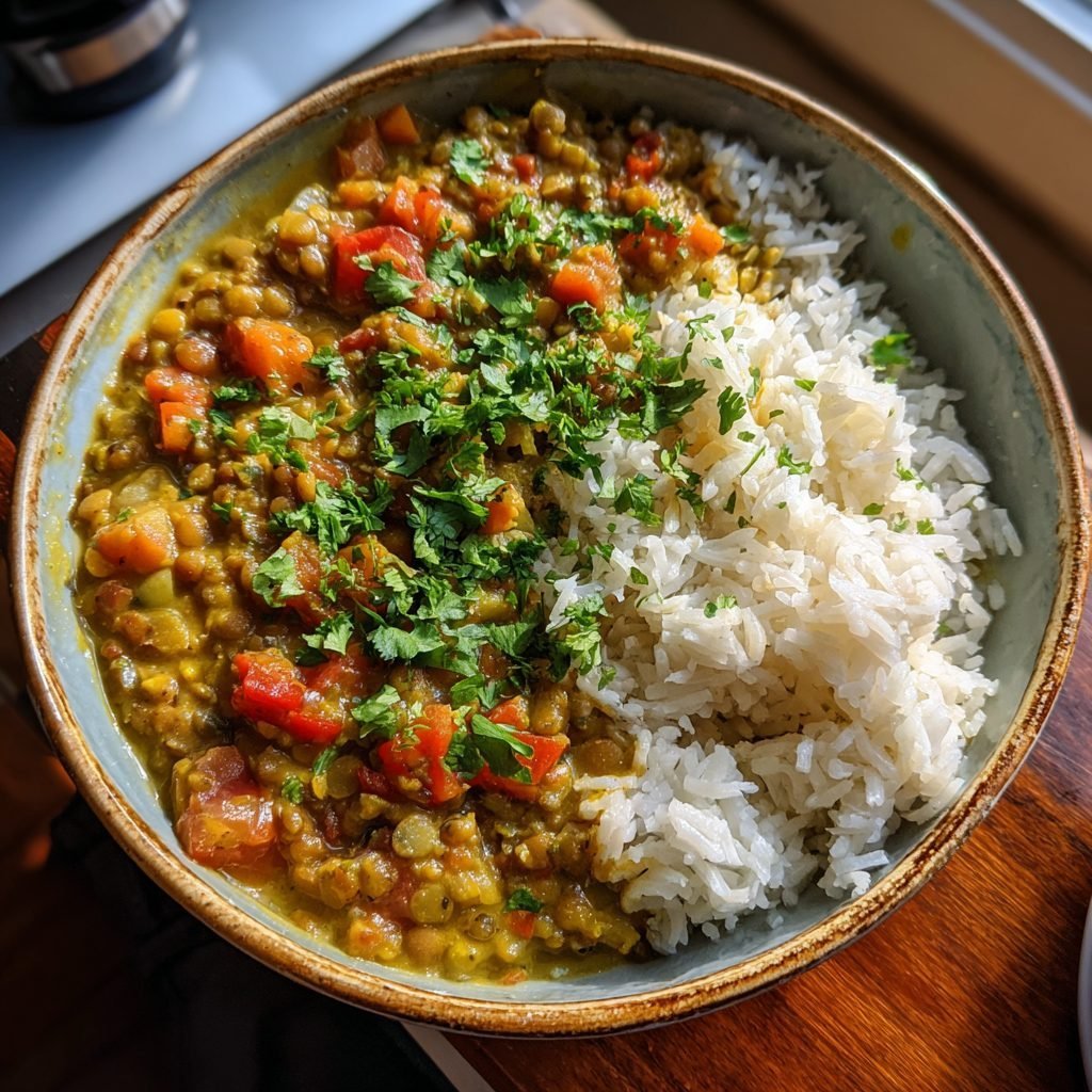 Linsen-Gemüse-Curry mit Kokosmilch und Basmatireis