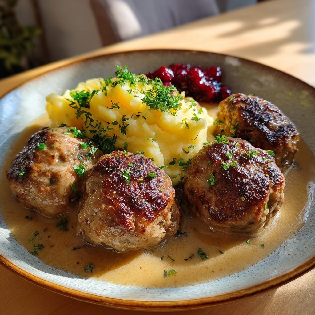 Linsen-Köttbullar mit cremiger Preiselbeersauce und Kartoffelpüree