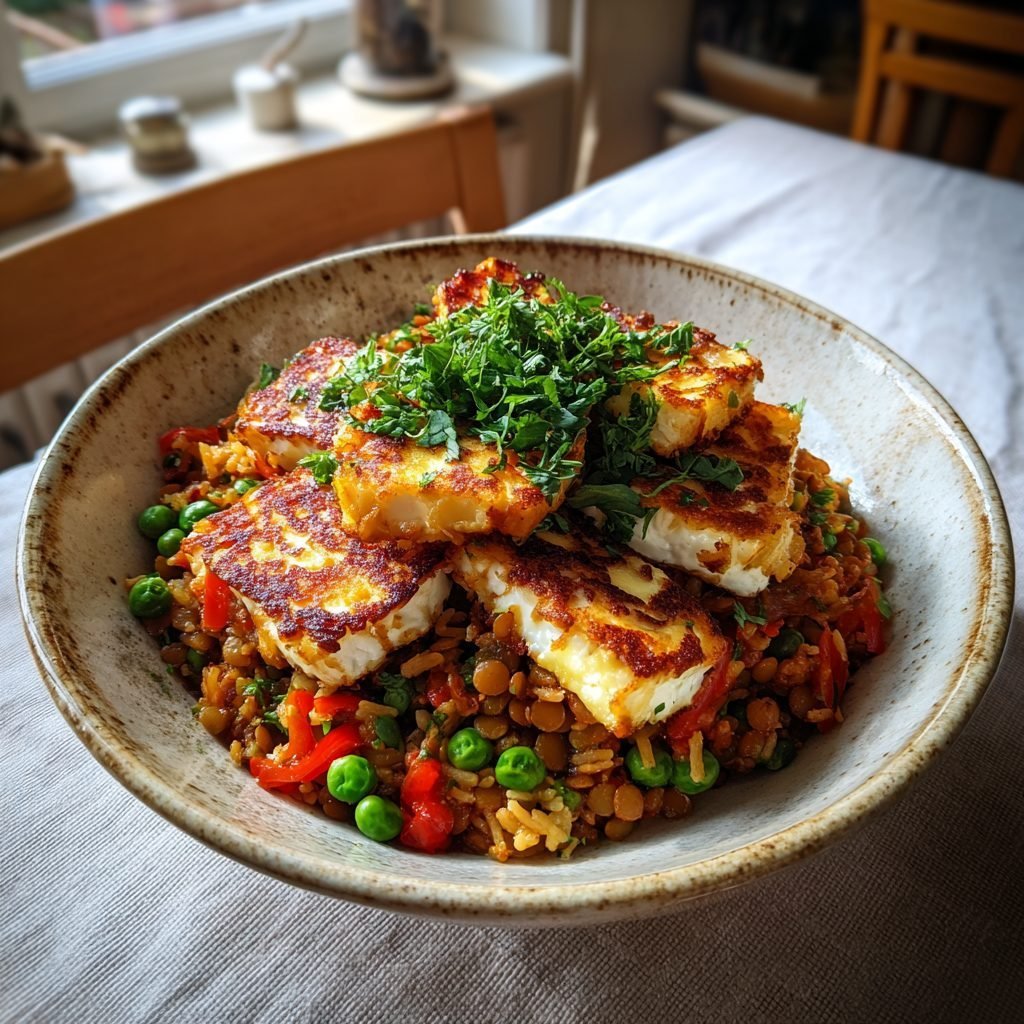 Linsen-Reis-Pfanne mit gebratenem Halloumi und frischen Kräutern