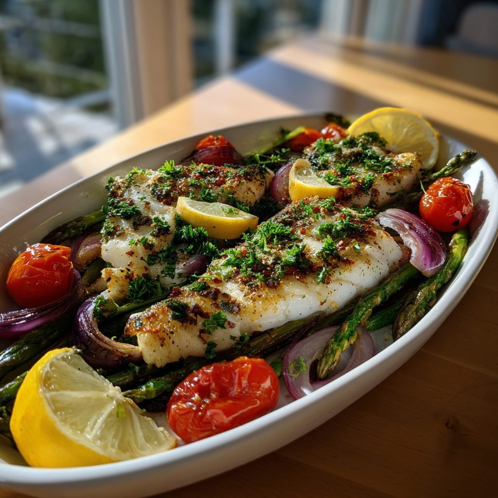 Mediterraner Ofen-Kabeljau mit Frühlingsgemüse