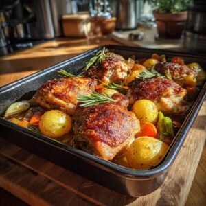 Ofenhähnchen mit jungen Kartoffeln und Zuckerschoten