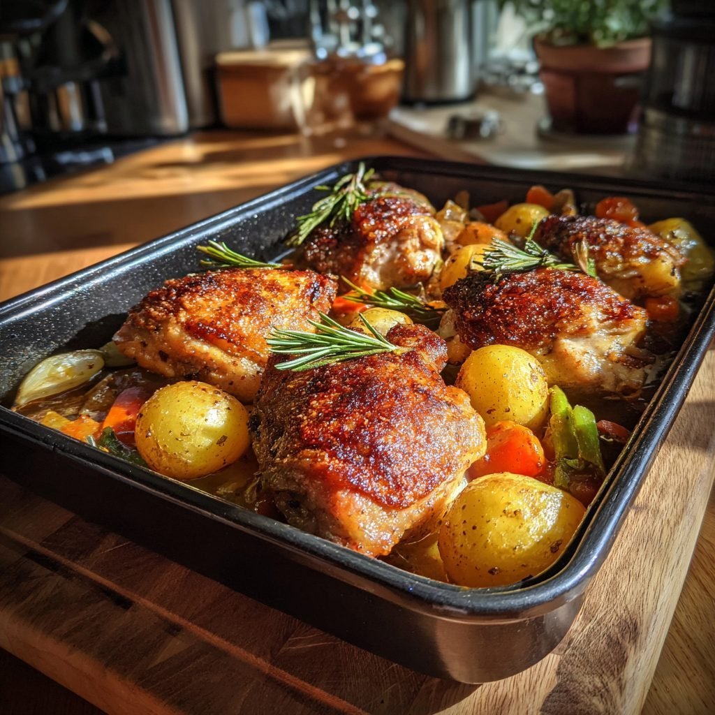 Ofenhähnchen mit jungen Kartoffeln und Zuckerschoten