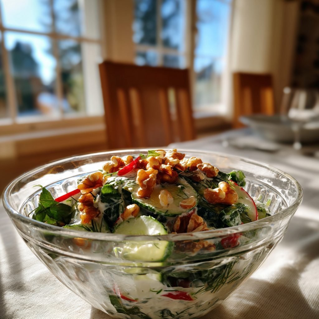 Radieschen-Gurken-Salat mit Dill-Joghurt-Dressing und Walnüssen