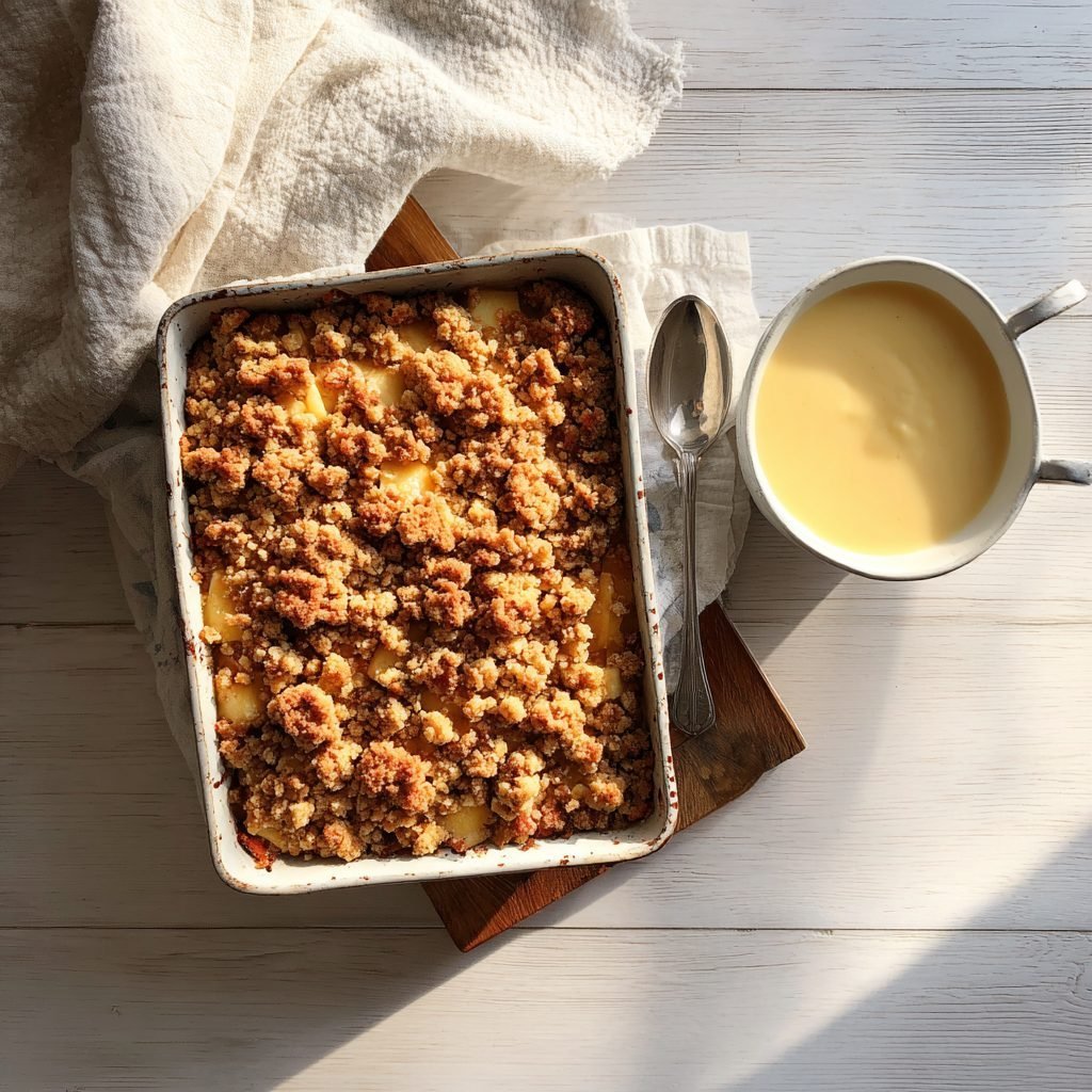 Rhabarber-Crumble mit Haferflocken und Vanillesauce