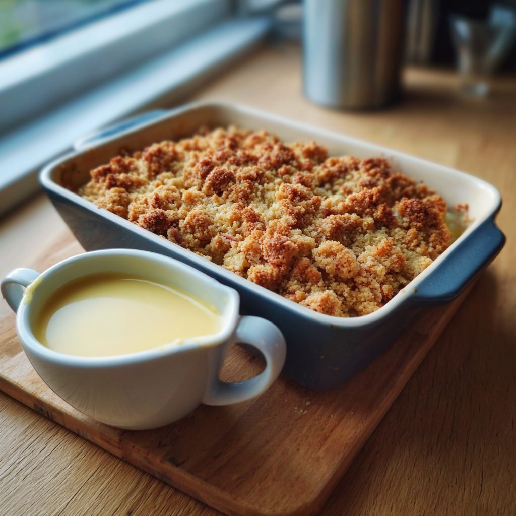 Rhabarber Crumble mit Vanillesauce