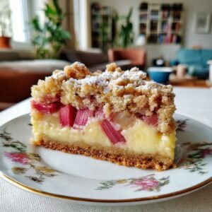 Rhabarber-Streuselkuchen mit Vanillepuddingfüllung