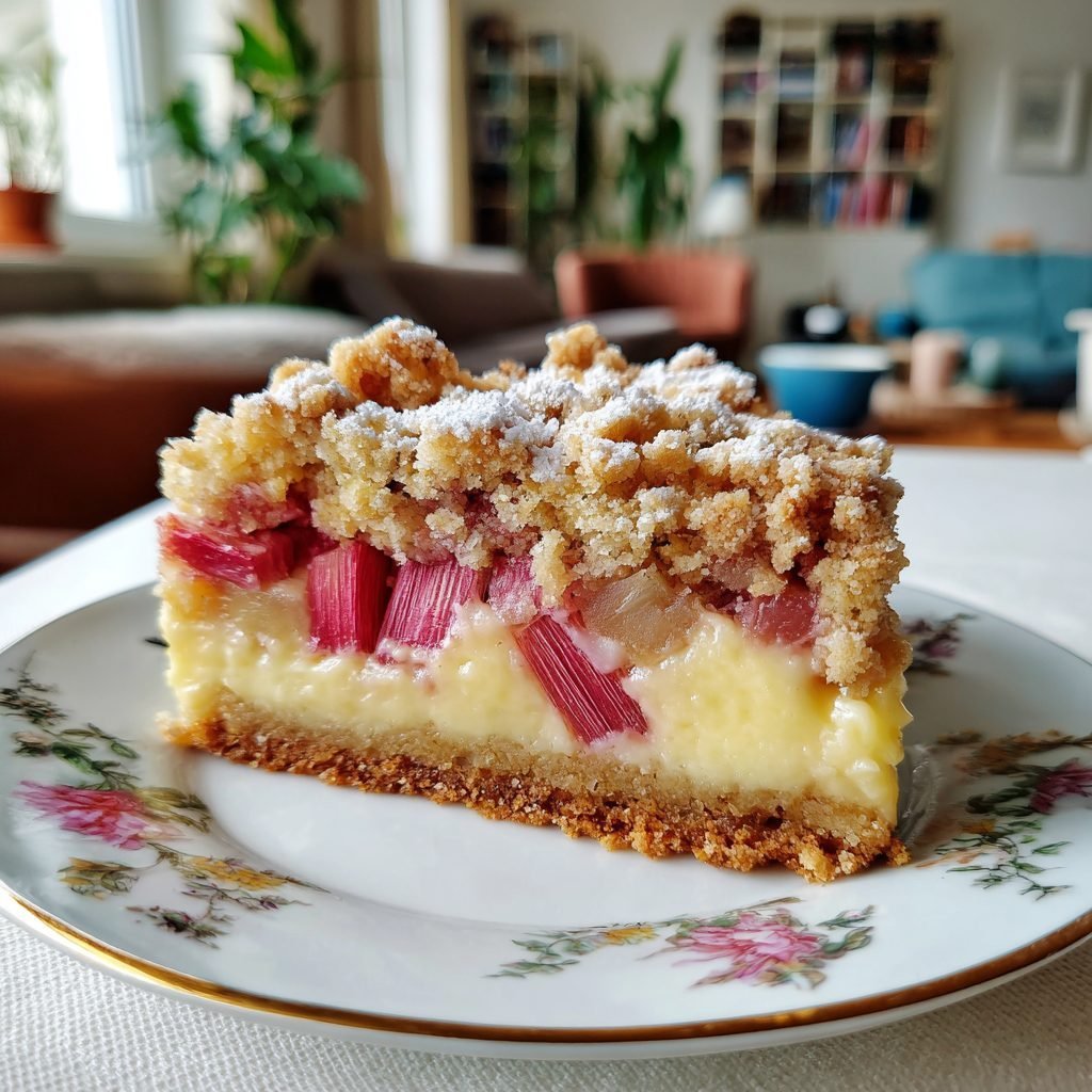 Rhabarber-Streuselkuchen mit Vanillepuddingfüllung