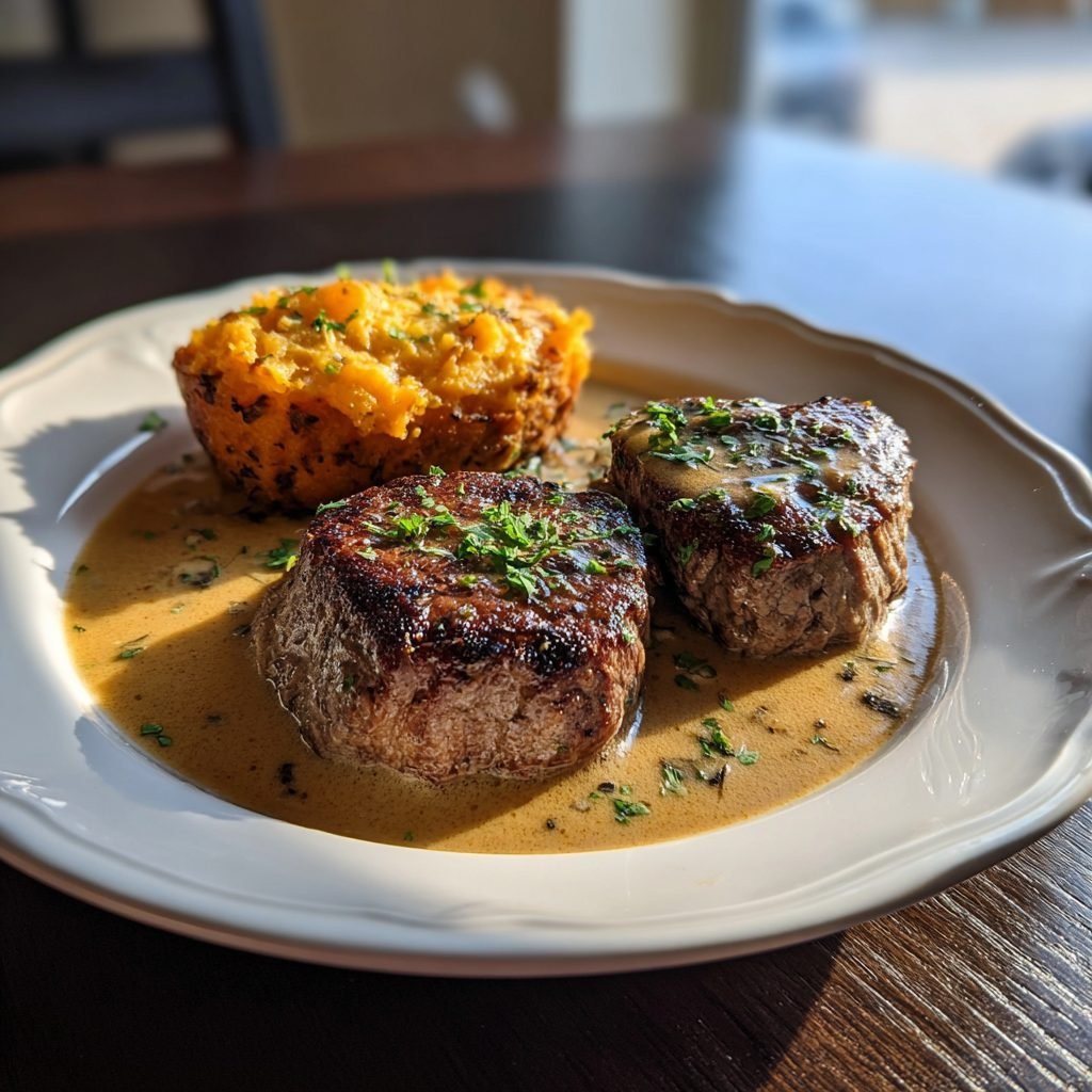 Rinderfiletmedaillons mit Morchelrahmsauce und Süßkartoffelgratin