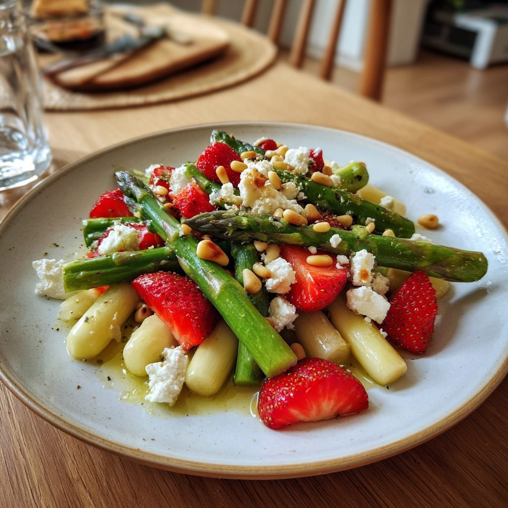 Spargelsalat mit Erdbeeren, Ziegenkäse und Pinienkernen