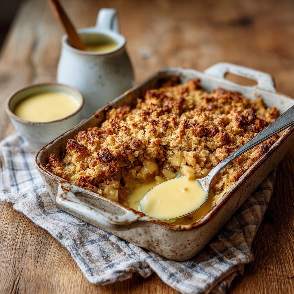 Süß-saurer Rhabarber Crumble mit cremiger Vanillesauce