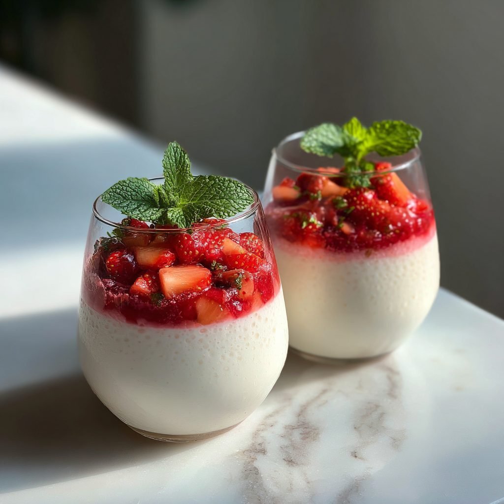 Vegane Panna Cotta mit Erdbeer-Rhabarber-Kompott