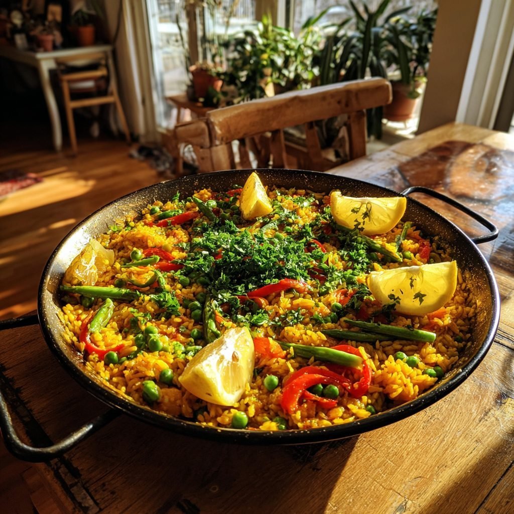 Vegetarische Paella mit Safran und Frühlingsgemüse