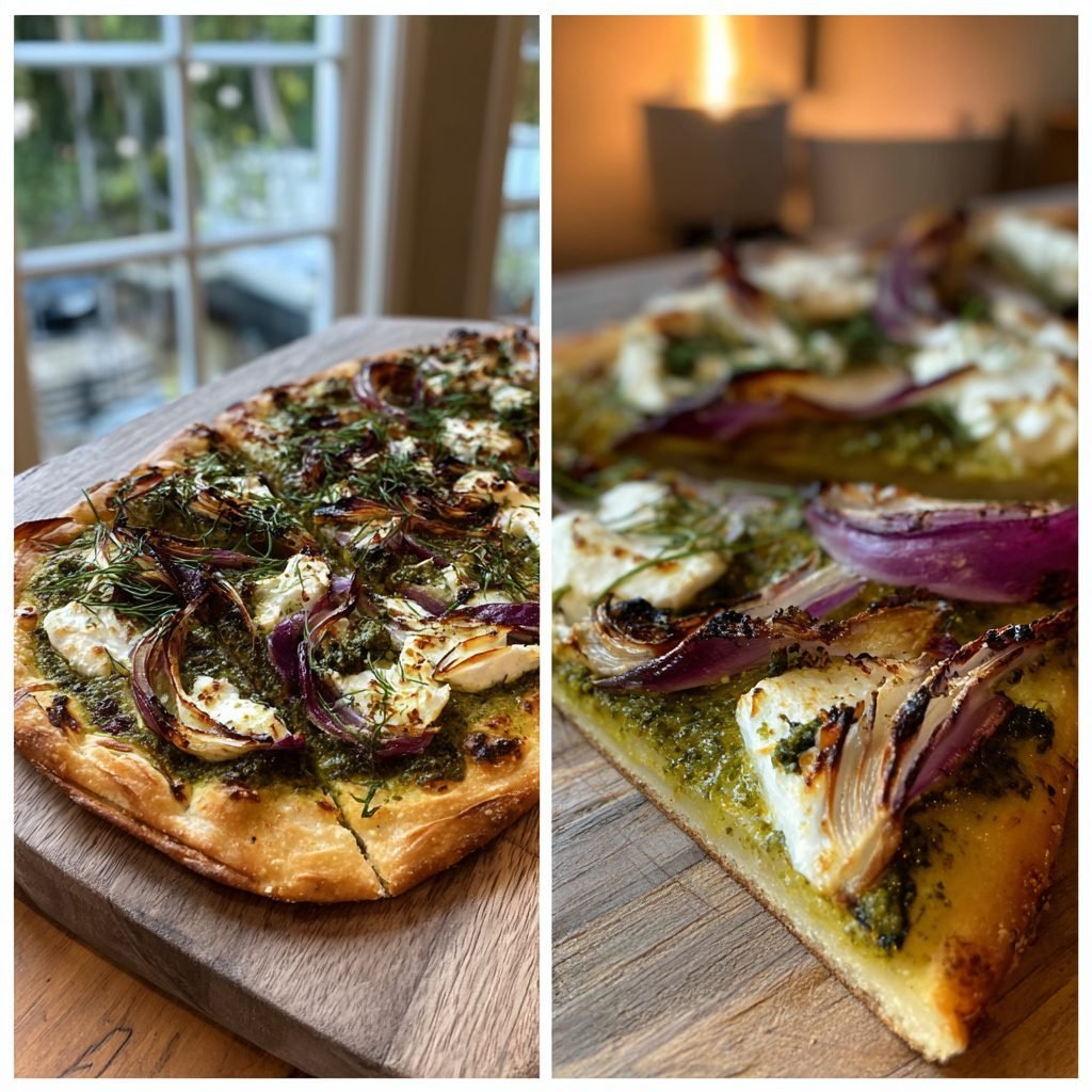 Vegetarischer Flammkuchen mit Bärlauchpesto, Ziegenkäse und karamellisierten Zwiebeln