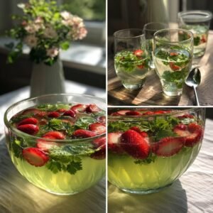 Alkoholfreie Waldmeister-Bowle mit Erdbeeren