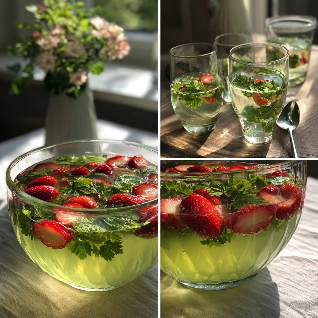 Alkoholfreie Waldmeister-Bowle mit Erdbeeren