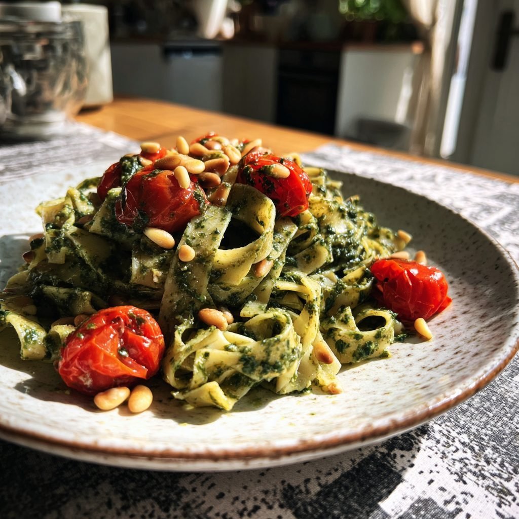 Bandnudeln mit Bärlauchpesto, Kirschtomaten und Pinienkernen