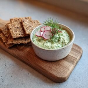 Bärlauch-Frischkäse-Dip mit Radieschen und Vollkorn-Knäckebrot