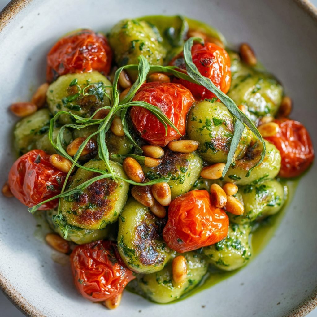 Bärlauch-Gnocchi mit gebratenen Kirschtomaten und Pinienkernen