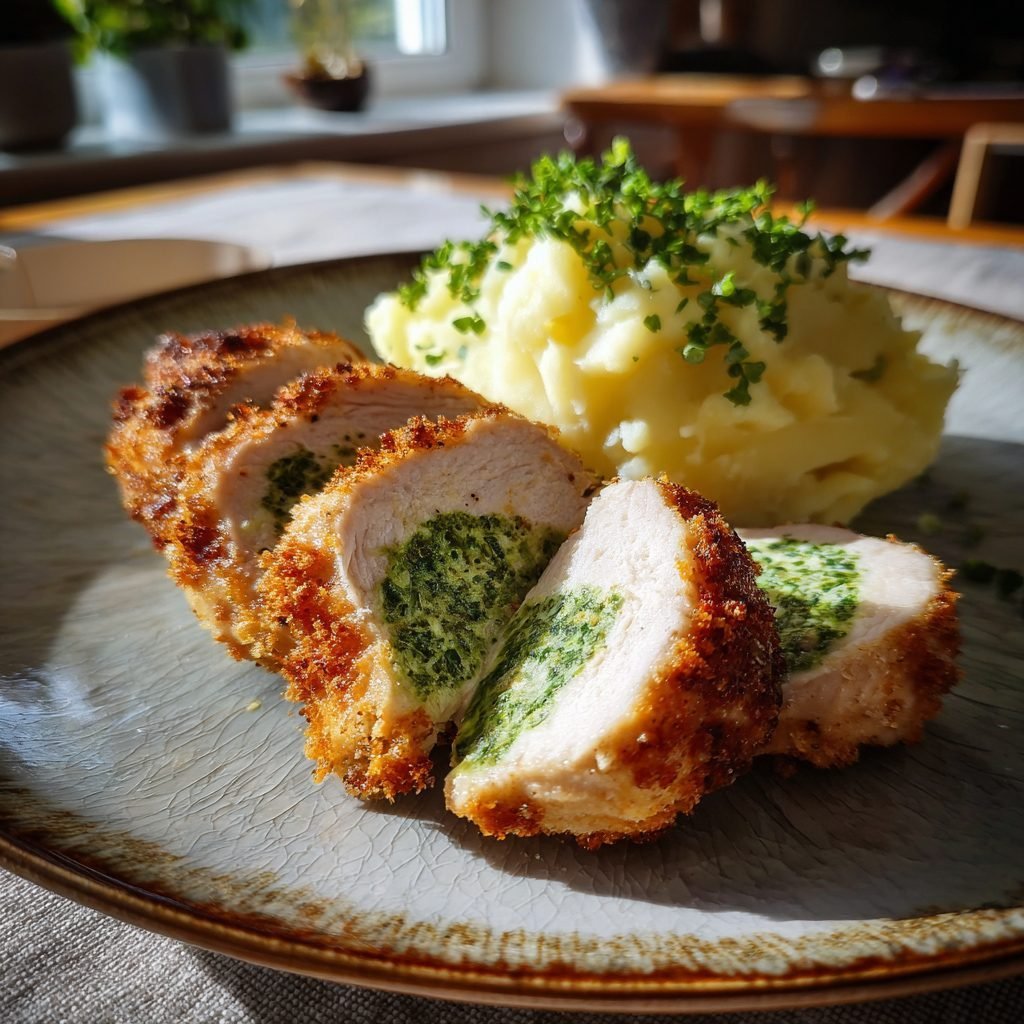 Bärlauch-Hähnchenbrust auf cremigem Kartoffelstampf