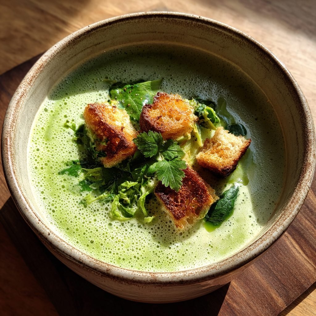 Bärlauch-Kartoffel-Suppe mit gerösteten Brotwürfeln