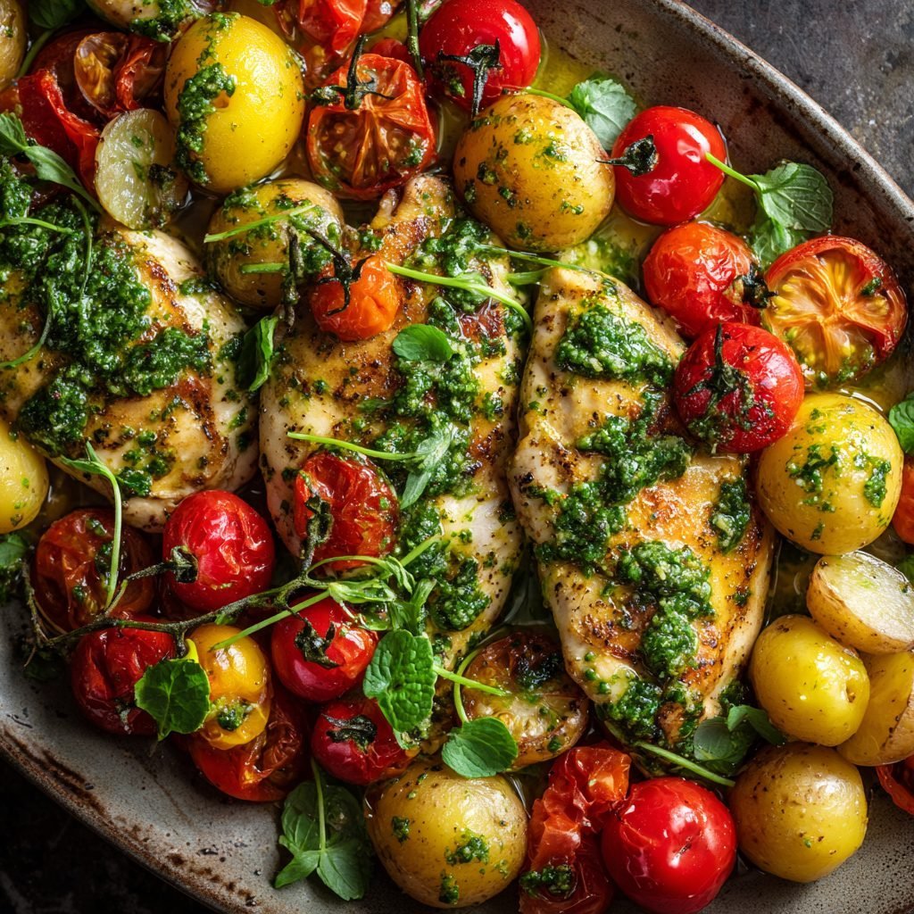 Bärlauch-Pesto-Hähnchen mit neuen Kartoffeln und Kirschtomaten