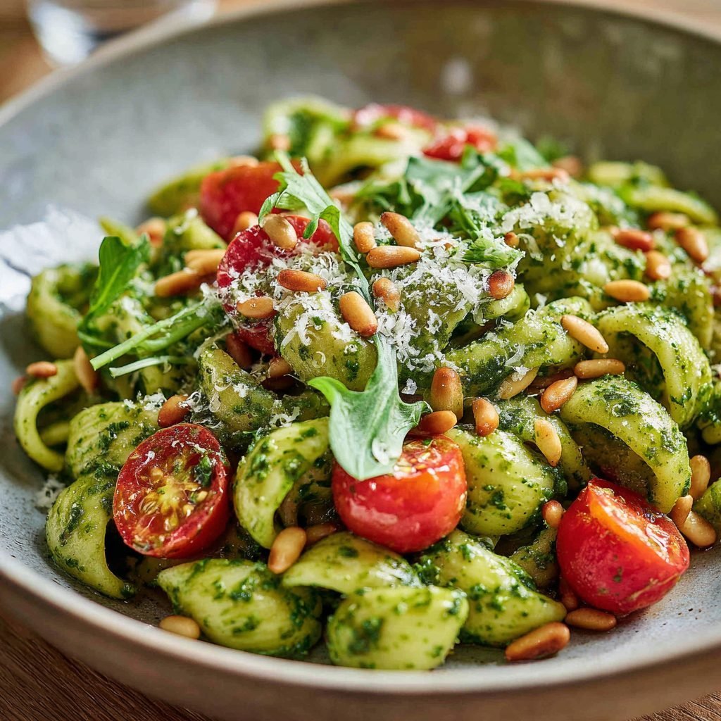 Bärlauch-Pesto-Nudeln mit gerösteten Pinienkernen und Kirschtomaten
