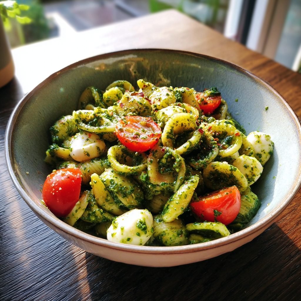 Bärlauch-Pesto-Nudeln mit Kirschtomaten und Mozzarella