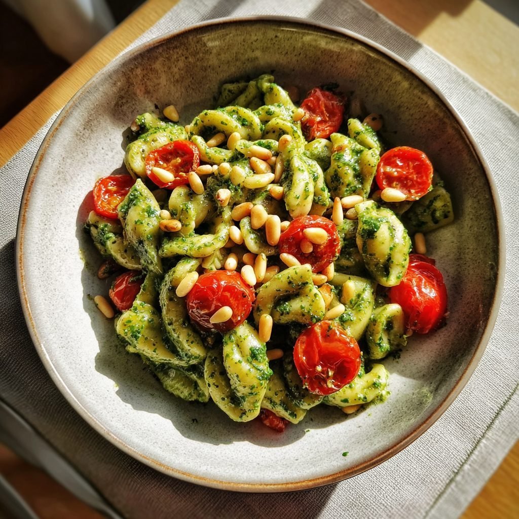 Bärlauch-Pesto Nudeln mit Kirschtomaten und Pinienkernen