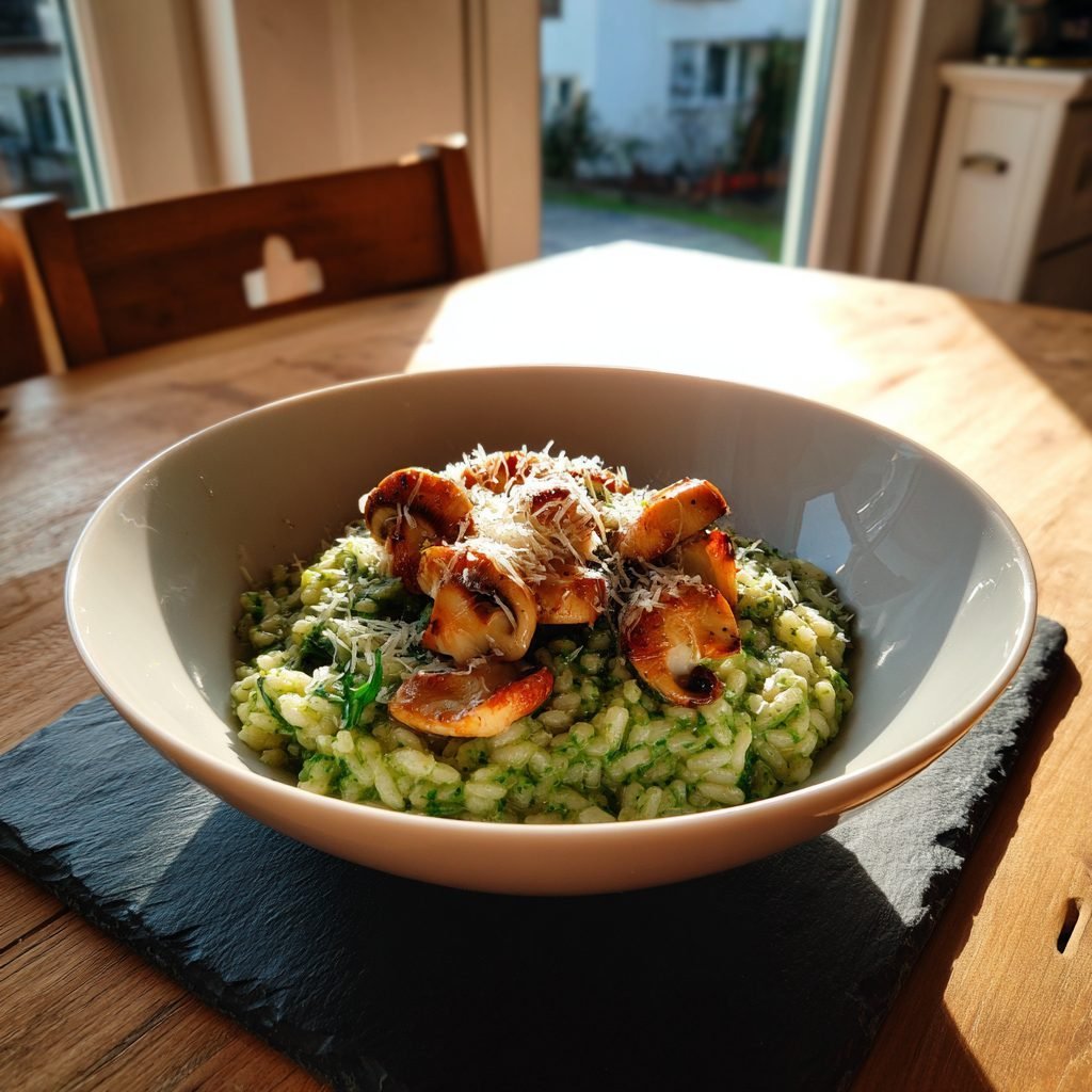 Bärlauch-Risotto mit gebratenen Champignons und Parmesan