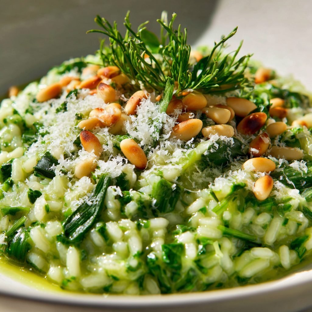 Bärlauch-Risotto mit gerösteten Pinienkernen und Parmesan