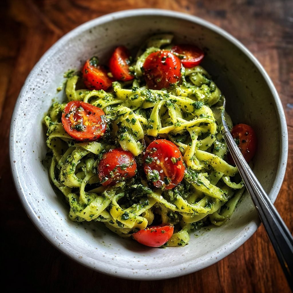 Bärlauchpesto mit frischer Pasta und Kirschtomaten