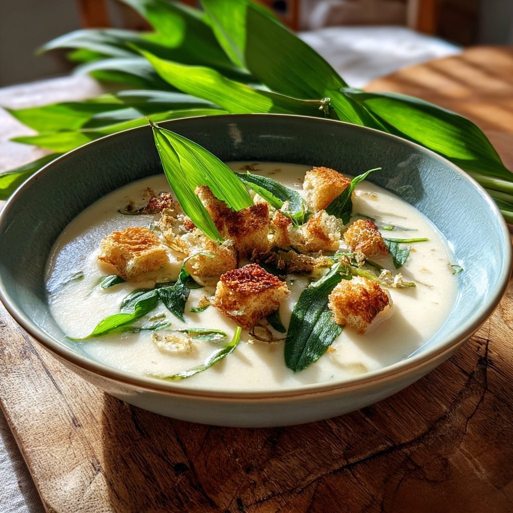 Cremige Spargelsuppe mit Bärlauch-Croutons