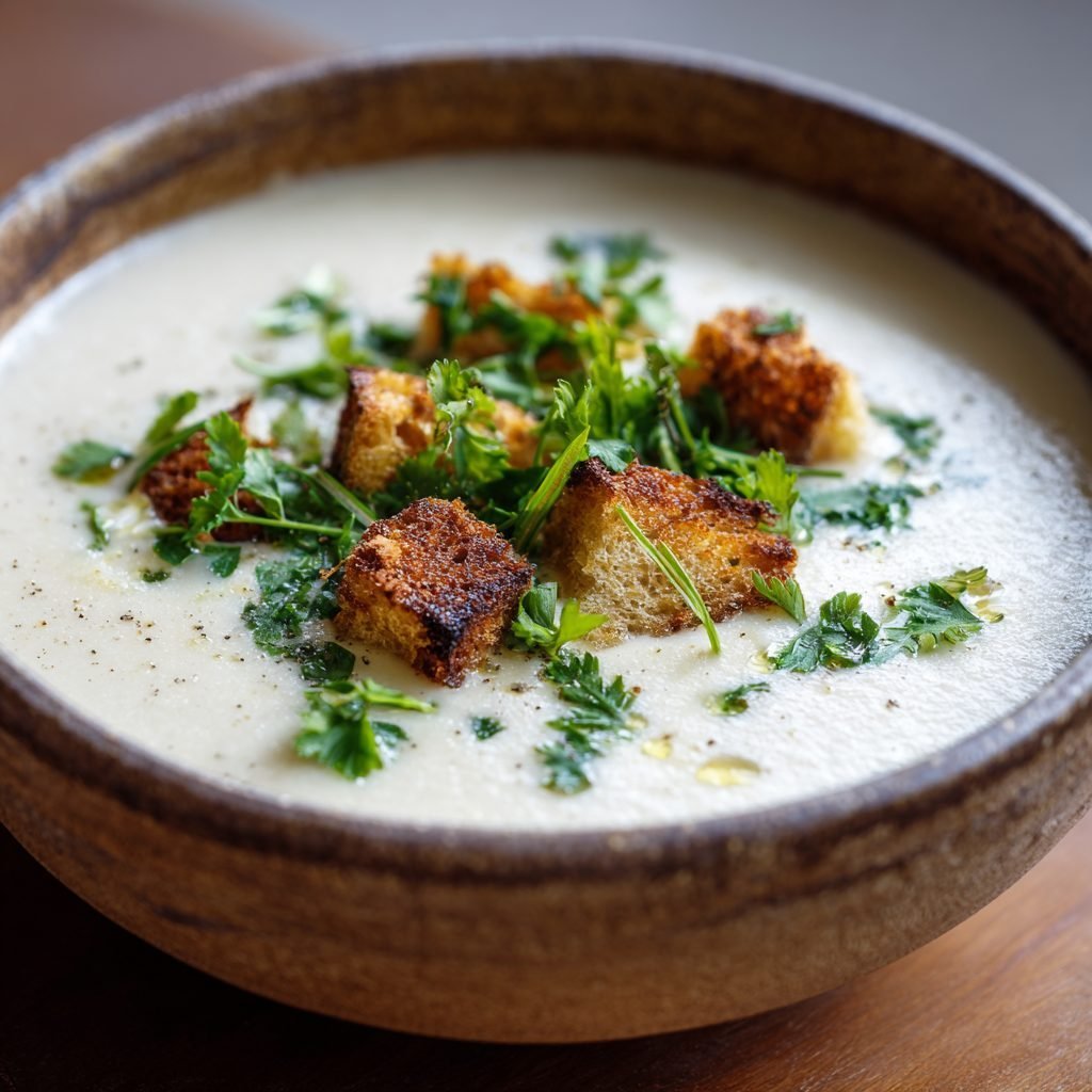 Cremige Spargelsuppe mit Bärlauchcroutons