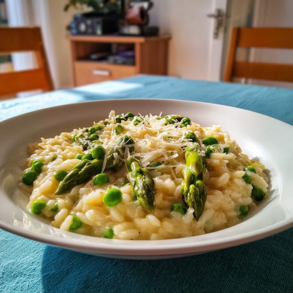 Cremiges Risotto Primavera mit grünem Spargel und frischen Erbsen