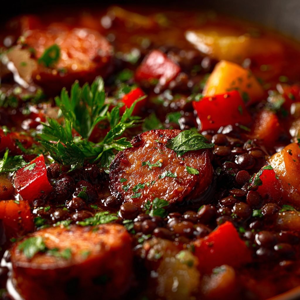 Deftiger Linsen-Gemüse-Eintopf mit Rauchpaprika und Hähnchenwürstchen