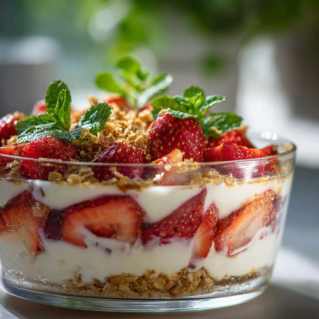 Erdbeer-Minz-Quark mit Haferflocken-Crunch