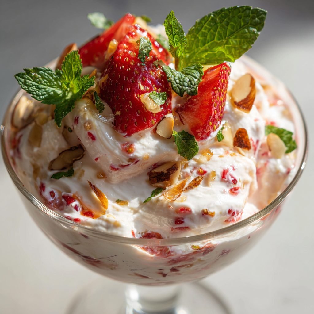 Erdbeer-Minz-Quark mit Honig und Mandelsplittern