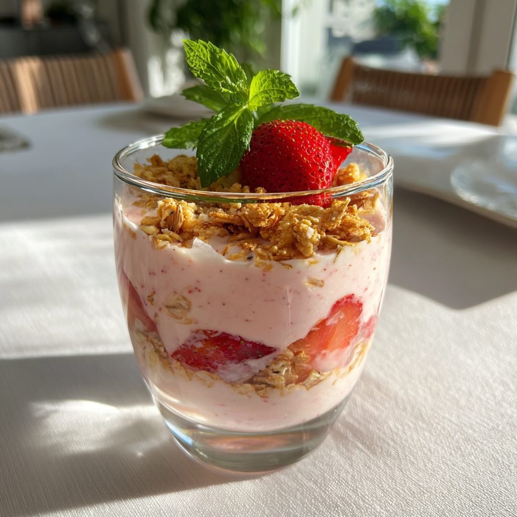 Erdbeer-Quark-Creme mit Minze und Haferflocken-Crunch