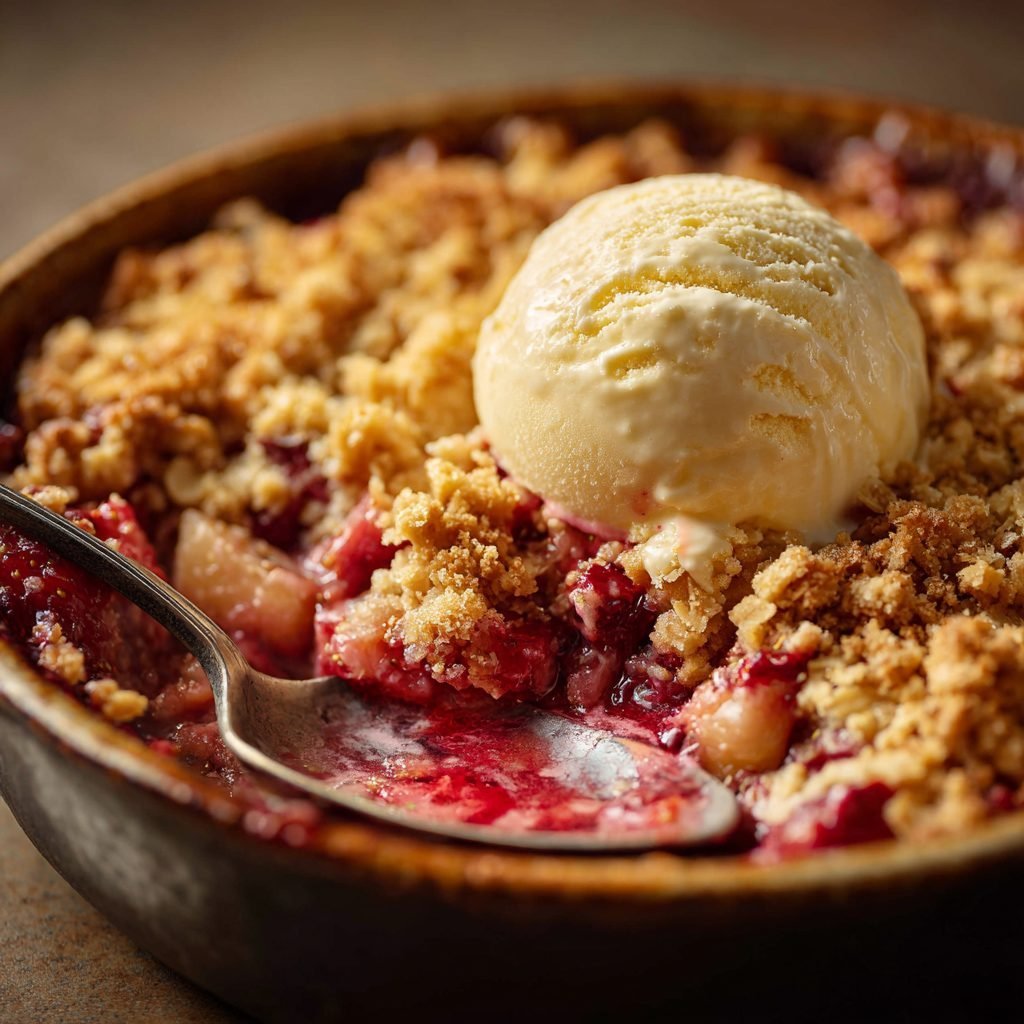 Erdbeer-Rhabarber Crumble mit Vanilleeis