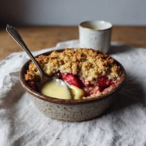 Erdbeer-Rhabarber-Crumble mit Vanillesauce